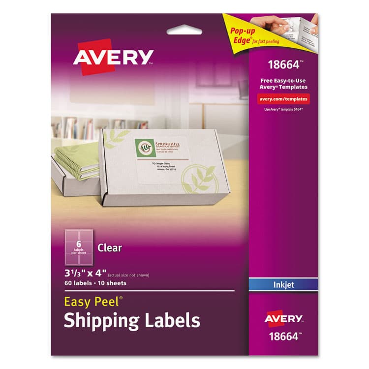 AVERY PRODUCTS CORPORATION Matte Clear Easy Peel Mailing Labels w/ Sure Feed Technology, Inkjet Printers, 3.33 x 4, Clear, 6/Sheet, 10 Sheets/Pack (AVE18664)