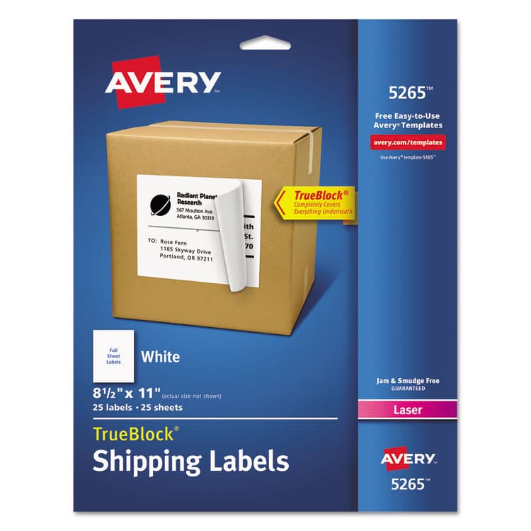AVERY PRODUCTS CORPORATION Shipping Labels with TrueBlock Technology, Laser Printers, 8.5 x 11, White, 25/Pack (AVE5265)