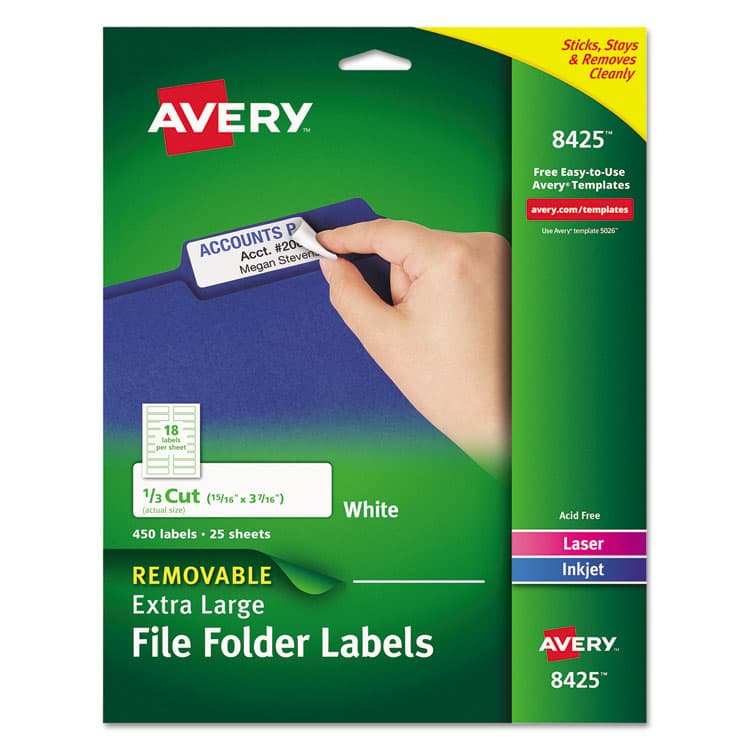 AVERY PRODUCTS CORPORATION Removable File Folder Labels with Sure Feed Technology, 0.94 x 3.44, White, 18/Sheet, 25 Sheets/Pack (AVE8425)