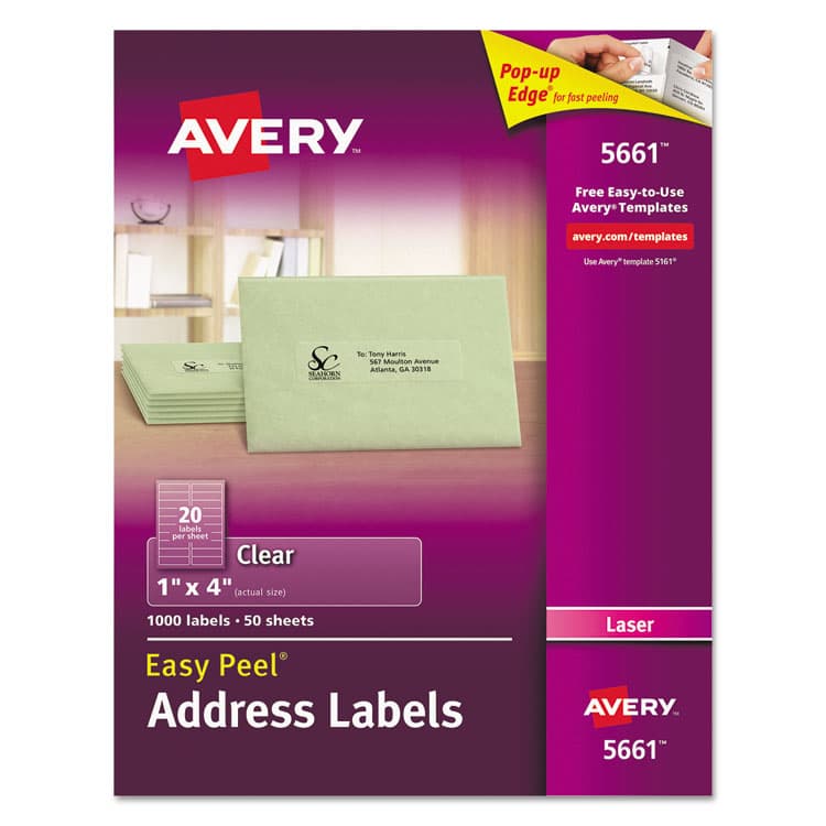 AVERY PRODUCTS CORPORATION Matte Clear Easy Peel Mailing Labels w/ Sure Feed Technology, Laser Printers, 1 x 4, Clear, 20/Sheet, 50 Sheets/Box (AVE5661)