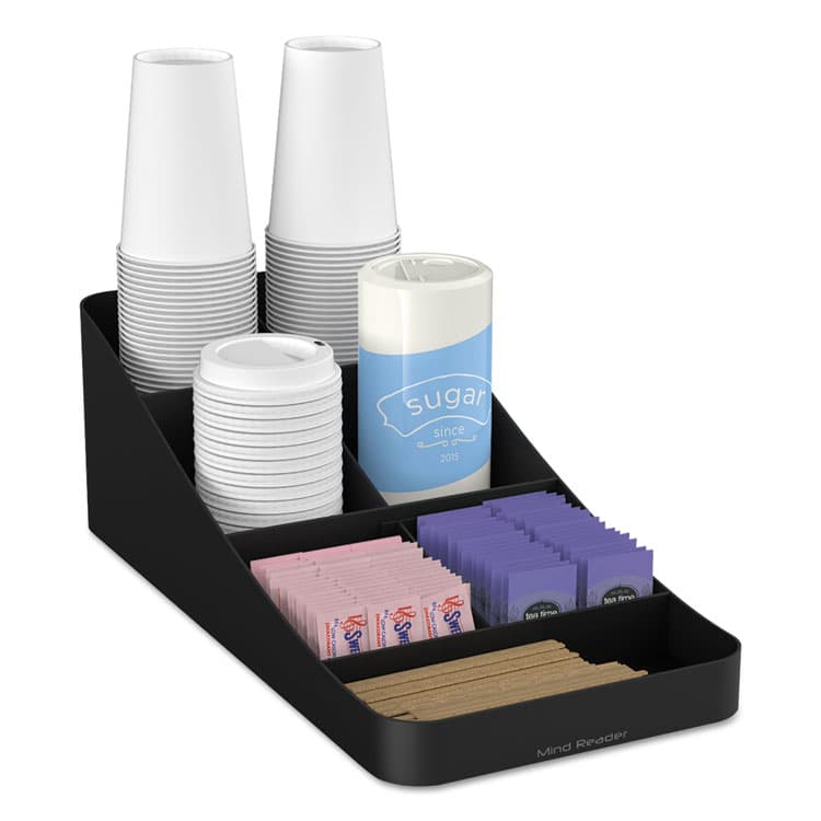 EMS MIND READER LLC Trove Seven-Compartment Coffee Condiment Organizer, 7.75 x 16 x 5.25, Black (EMSCOMP7BLK)