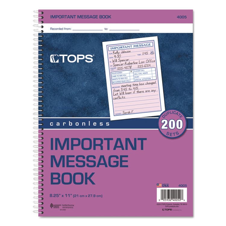 TOPS BUSINESS FORMS Telephone Message Book with Fax/Mobile Section, Two-Part Carbonless, 3.88 x 5.5, 4 Forms/Sheet, 200 Forms Total (TOP4005) thumbnail 2