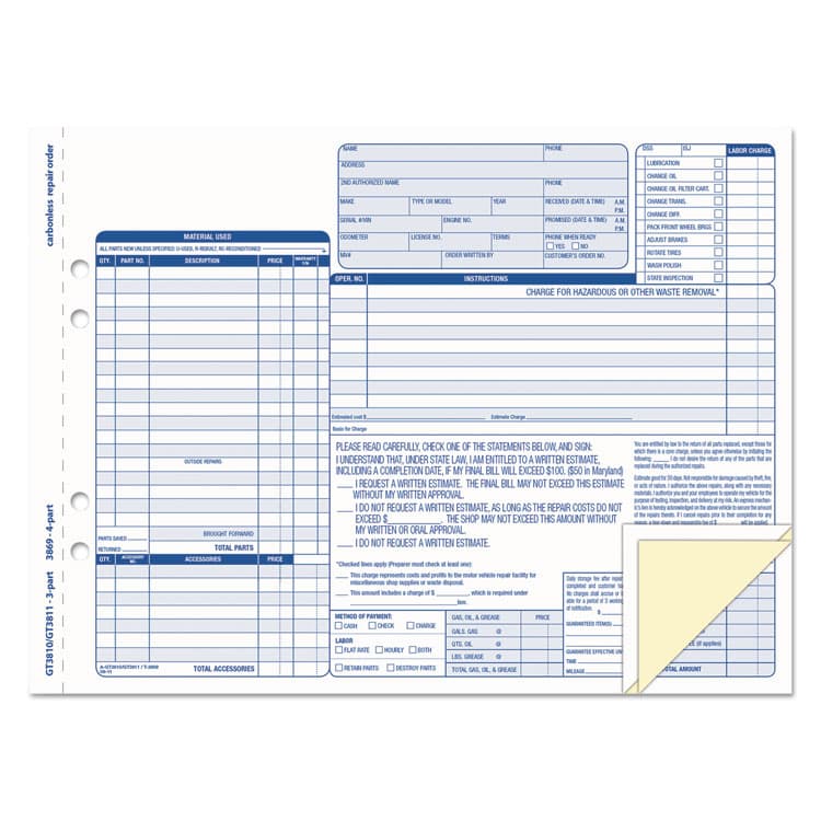 TOPS BUSINESS FORMS Auto Repair Four-Part Order Form, Four-Part Carbonless, 11 x 8.5, 50 Forms Total (TOP3869)