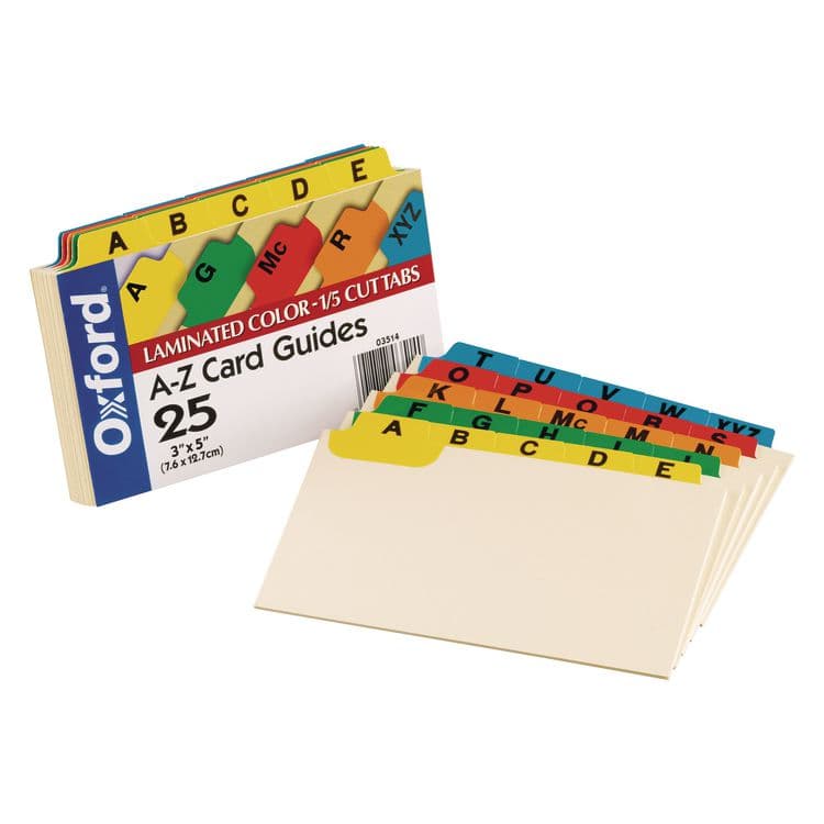 TOPS BUSINESS FORMS Manila Index Card Guides with Laminated Tabs, 1/5-Cut Top Tab, A to Z, 3 x 5, Manila, 25/Set (OXF03514)