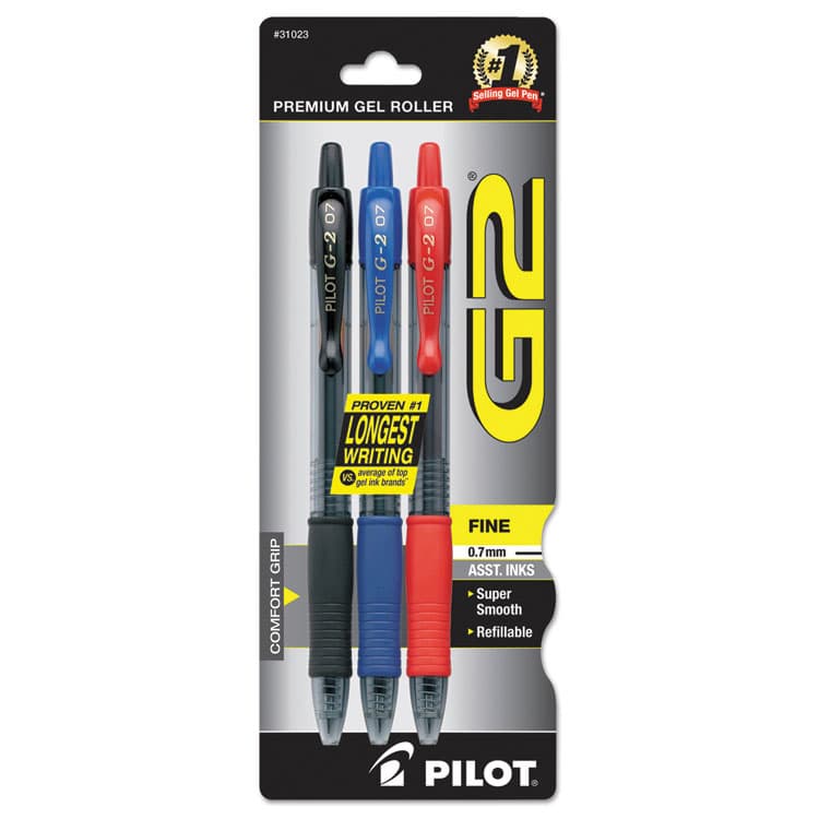 PILOT CORP. OF AMERICA G2 Premium Gel Pen, Retractable, Fine 0.7 mm, Assorted Ink and Barrel Colors, 3/Pack (PIL31023)