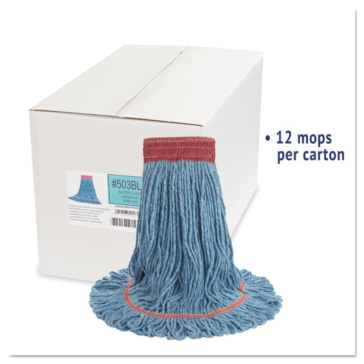BOARDWALK Super Loop Wet Mop Head, Cotton/Synthetic Fiber, 5" Headband, Large Size, Blue, 12/Carton (BWK503BLCT) thumbnail 2