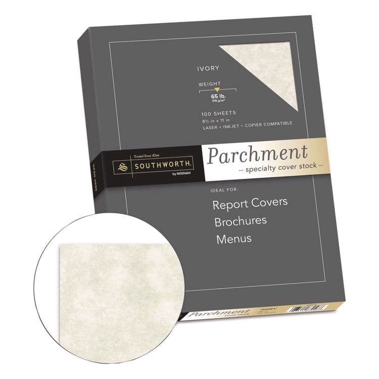 SOUTHWORTH CO. Parchment Specialty Paper, 65 lb Cover Weight, 8.5 x 11, Ivory, 100/Box (SOUZ980CK)