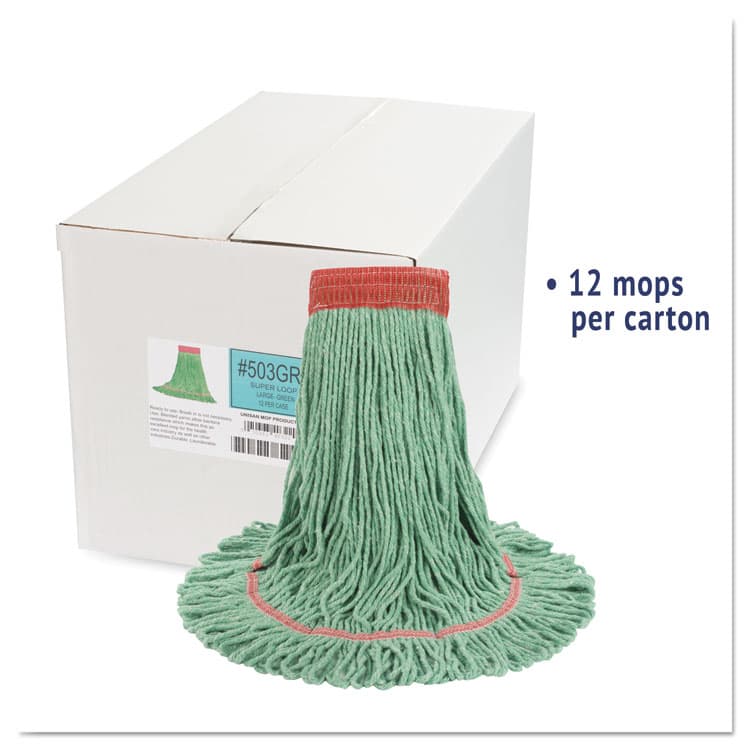 BOARDWALK Super Loop Wet Mop Head, Cotton/Synthetic Fiber, 5" Headband, Large Size, Green, 12/Carton (BWK503GNCT) thumbnail 2
