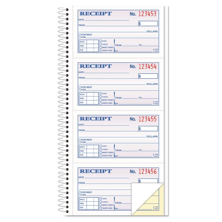 TOPS BUSINESS FORMS Spiralbound Money and Rent Receipt Book, Two-Part Carbonless, 4.75 x 2.75, 4 Forms/Sheet, 200 Forms Total (TOP4161)