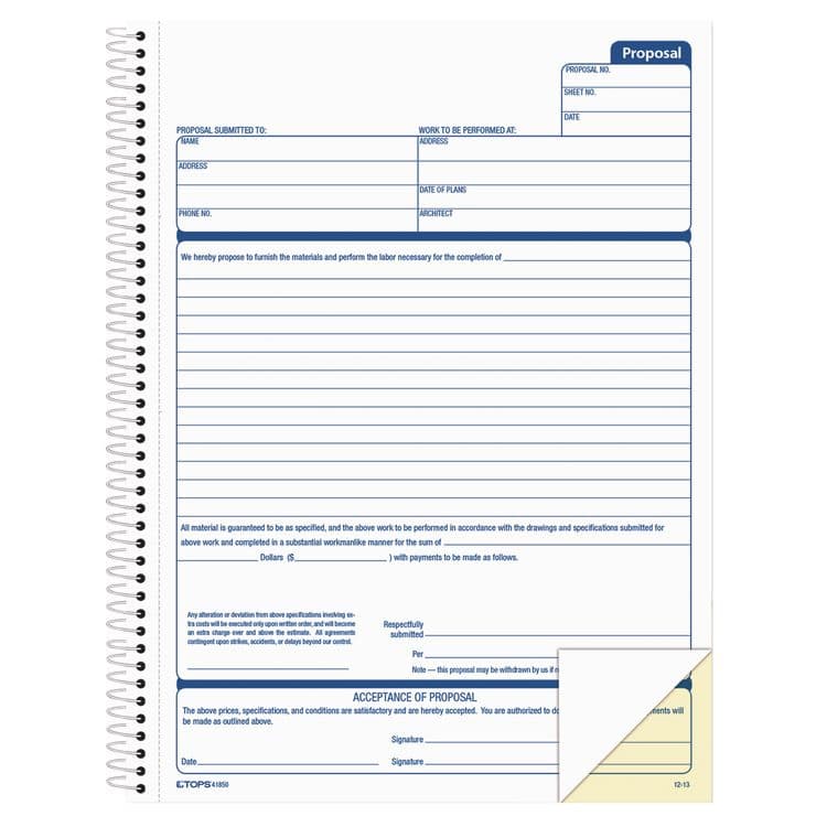 TOPS BUSINESS FORMS Spiralbound Proposal Form Book, Two-Part Carbonless, 11 x 8.5, 50 Forms Total (TOP41850)
