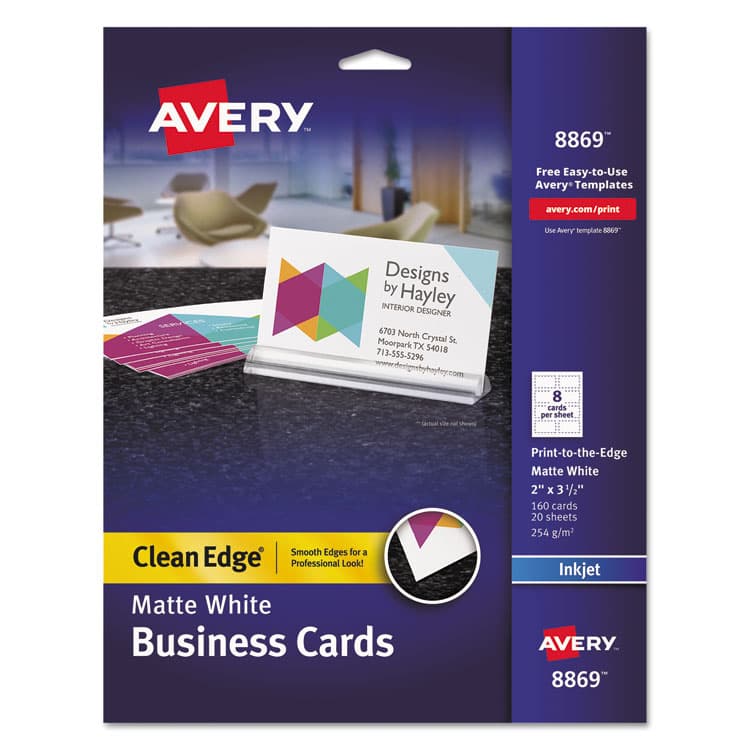AVERY PRODUCTS CORPORATION True Print Print-to-the-Edge Premium Business Cards, Inkjet, 2 x 3.5, White, 8 Cards Sheet, 20 Sheets/Pack (AVE8869)