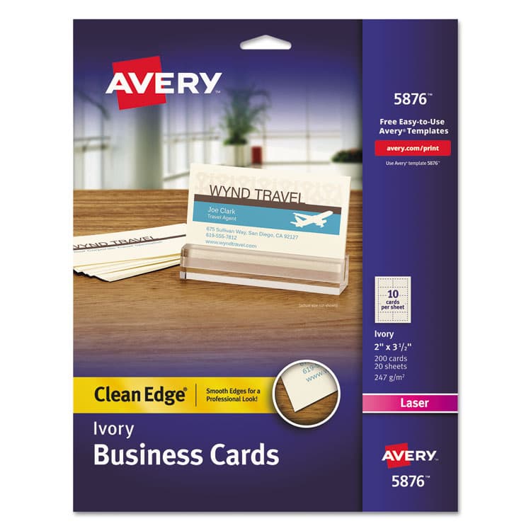 AVERY PRODUCTS CORPORATION Clean Edge Business Cards, Laser, 2 x 3.5, Ivory, 10 Cards/Sheet, 20 Sheets/Pack (AVE5876)