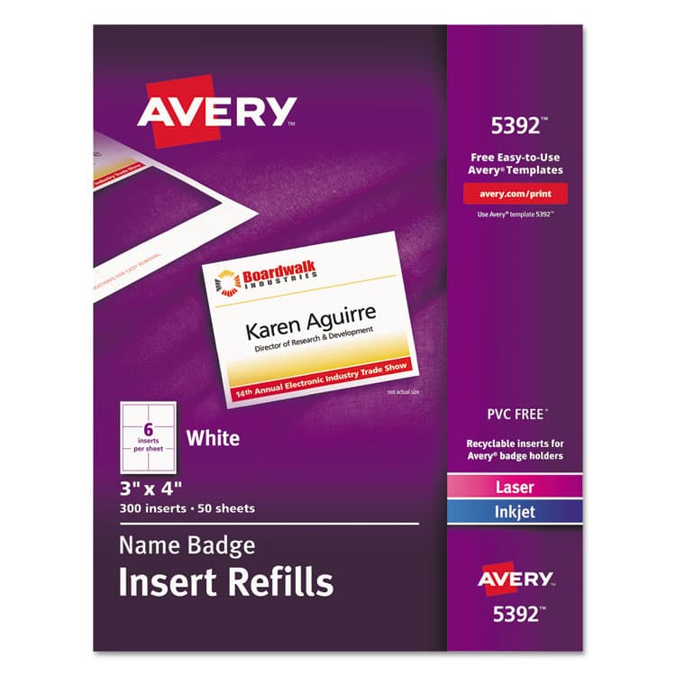 AVERY PRODUCTS CORPORATION Name Badge Insert Refills, Horizontal/Vertical, 3 x 4, White, 300/Box (AVE5392)