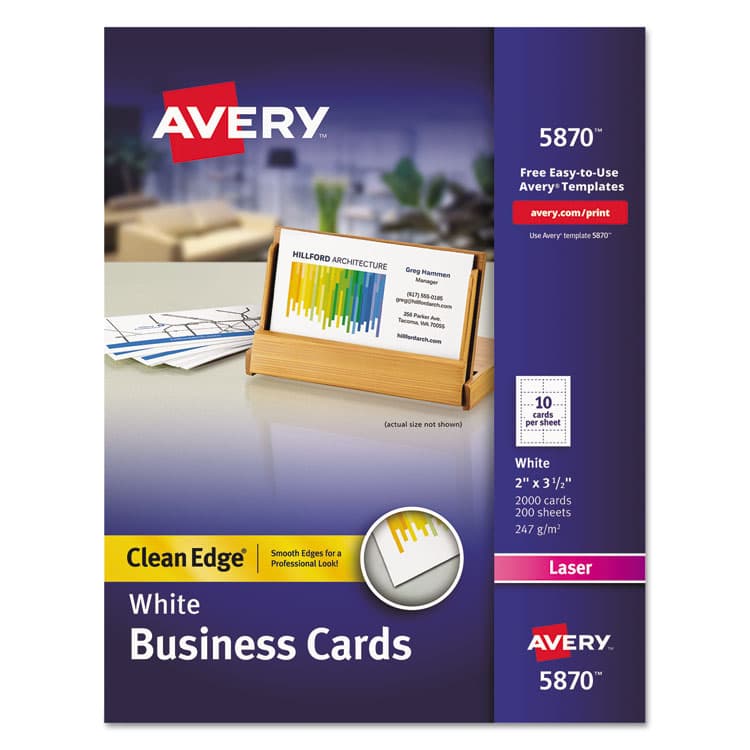 AVERY PRODUCTS CORPORATION Clean Edge Business Card Value Pack, Laser, 2 x 3.5, White, 10 Cards/Sheet, 200 Sheets/Box (AVE5870)