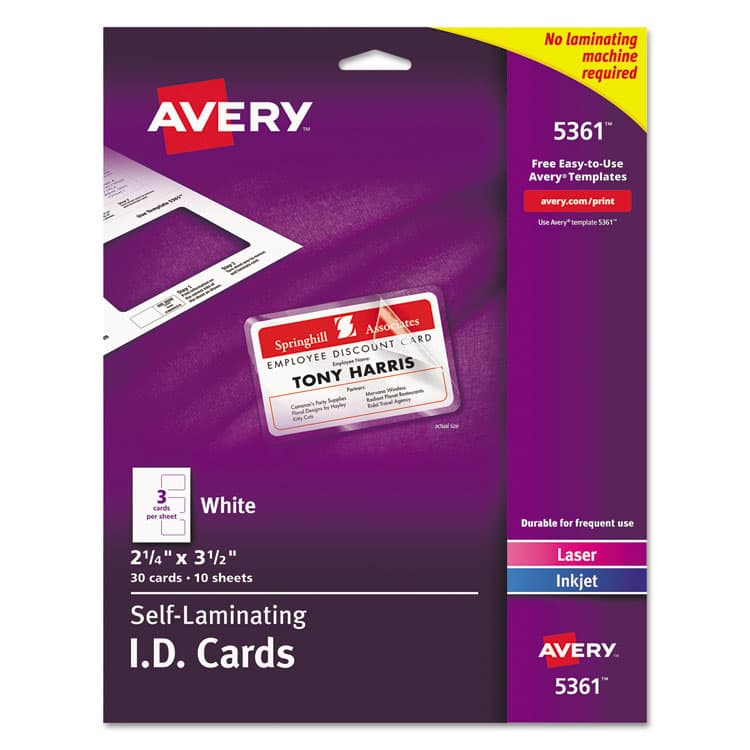 AVERY PRODUCTS CORPORATION Laminated Laser/Inkjet ID Cards, 2 1/4 x 3 1/2, White, 30/Box (AVE5361)