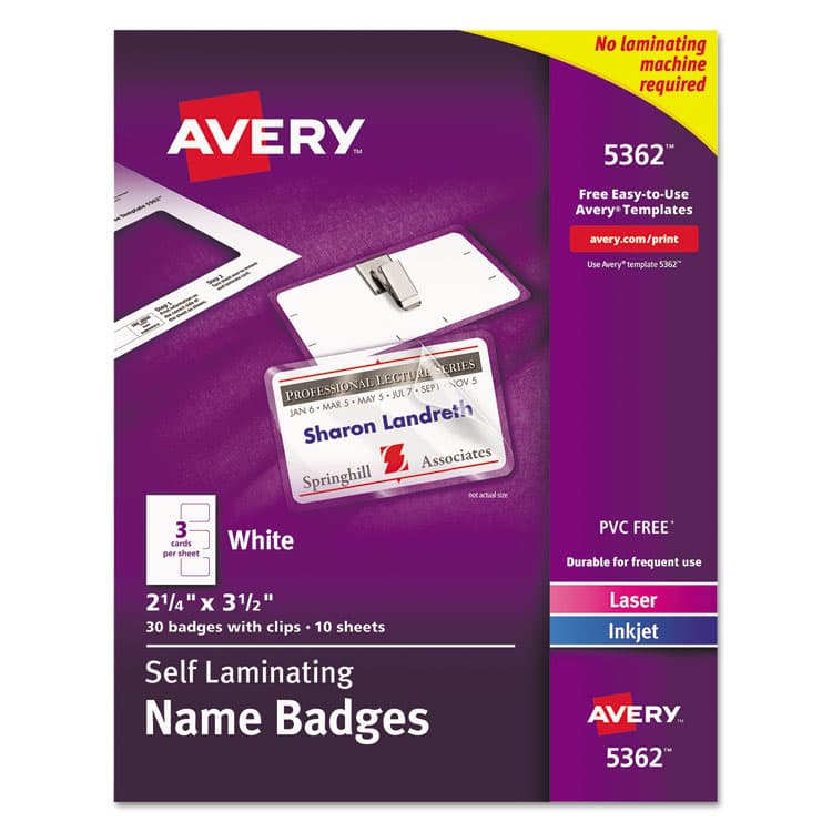 AVERY PRODUCTS CORPORATION Self-Laminating Laser/Inkjet Printer Badges, 2.25 x 3.5, White, 30/Box (AVE5362)