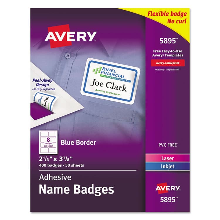 AVERY PRODUCTS CORPORATION Flexible Adhesive Name Badge Labels, 3.38 x 2.33, White/Blue Border, 400/Box (AVE5895)