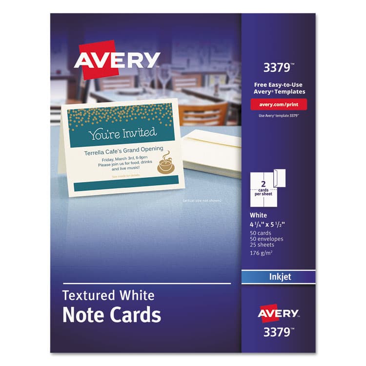 AVERY PRODUCTS CORPORATION Note Cards with Matching Envelopes, Inkjet, 65lb, 4.25 x 5.5, Textured Uncoated White, 50 Cards, 2 Cards/Sheet, 25 Sheets/Box (AVE3379)
