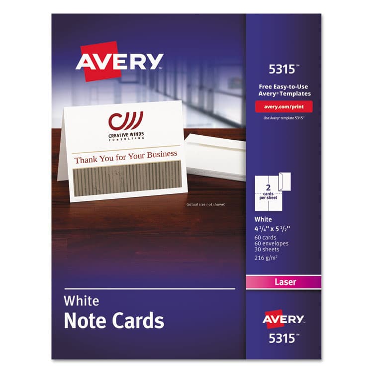 AVERY PRODUCTS CORPORATION Note Cards with Matching Envelopes, Laser, 80 lb, 4.25 x 5.5, Uncoated White, 60 Cards, 2 Cards/Sheet, 30 Sheets/Pack (AVE5315)