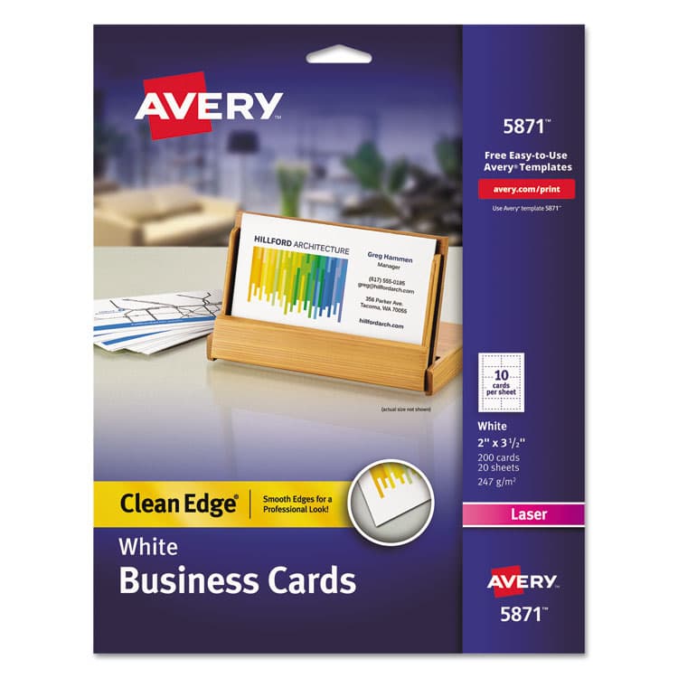 AVERY PRODUCTS CORPORATION Clean Edge Business Cards, Laser, 2 x 3.5, White, 10 Cards/Sheet, 20 Sheets/Pack (AVE5871)