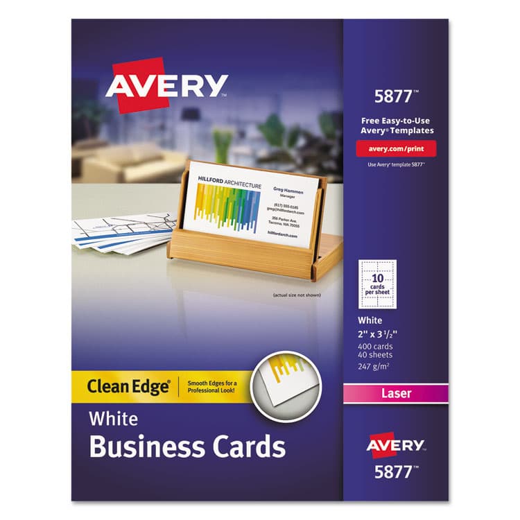 AVERY PRODUCTS CORPORATION Clean Edge Business Cards, Laser, 2 x 3.5, White, 10 Cards/Sheet, 40 Sheets/Box (AVE5877)