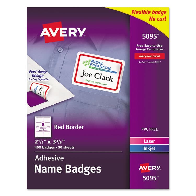 AVERY PRODUCTS CORPORATION Flexible Adhesive Name Badge Labels, 3.38 x 2.33, White/Red Border, 400/Box (AVE5095)