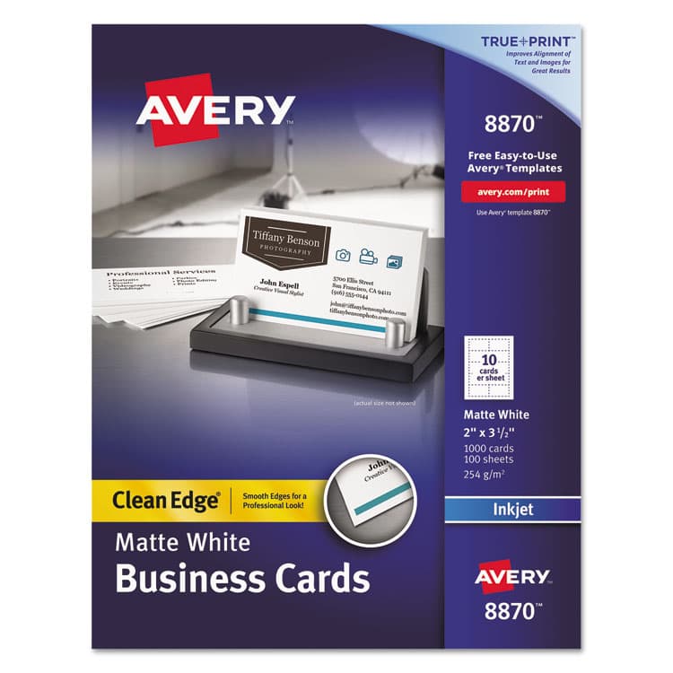 AVERY PRODUCTS CORPORATION True Print Premium Clean Edge Business Cards, Inkjet, 2 x 3.5, White, 10 Cards/Sheet, 100 Sheets/Box (AVE8870)