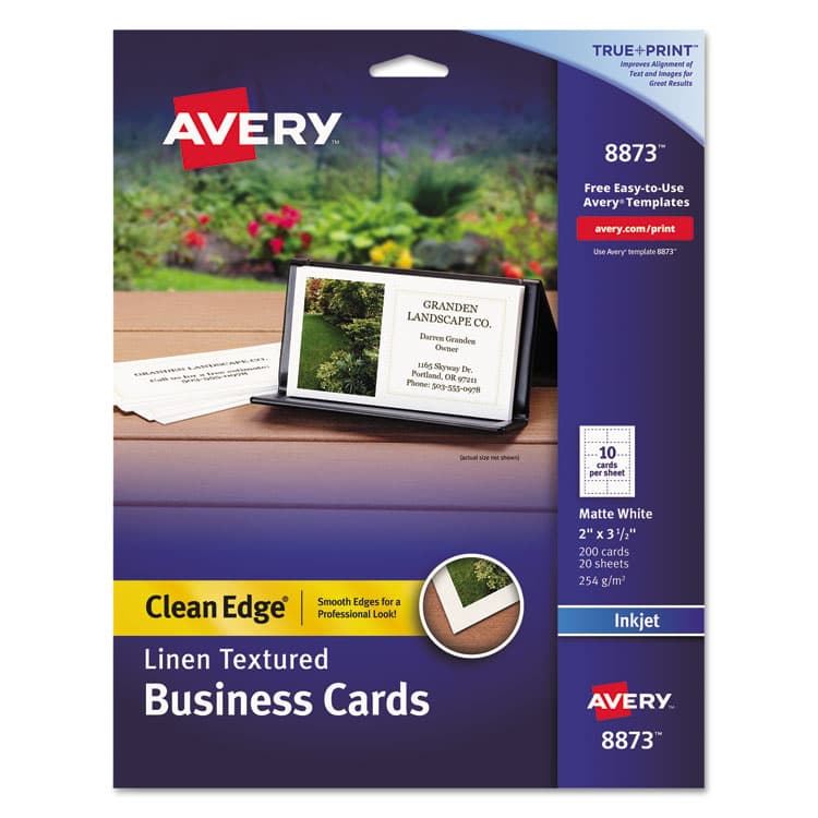 AVERY PRODUCTS CORPORATION True Print Premium Clean Edge Business Cards with Linen Texture, Inkjet, 2 x 3.5, White, 10 Cards/Sheet, 20 Sheets/Pack (AVE8873)