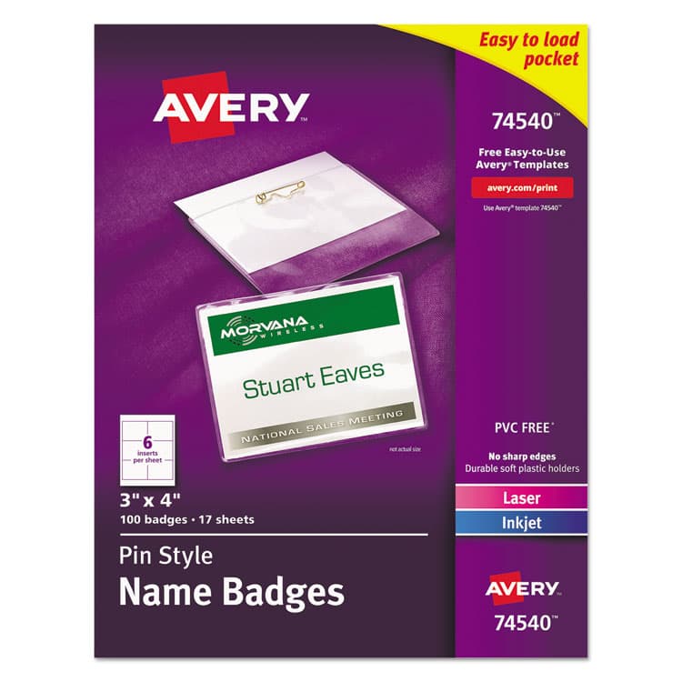 AVERY PRODUCTS CORPORATION Pin-Style Badge Holder with Laser/Inkjet Insert, Top Load, 4 x 3, White, 100/Box (AVE74540)