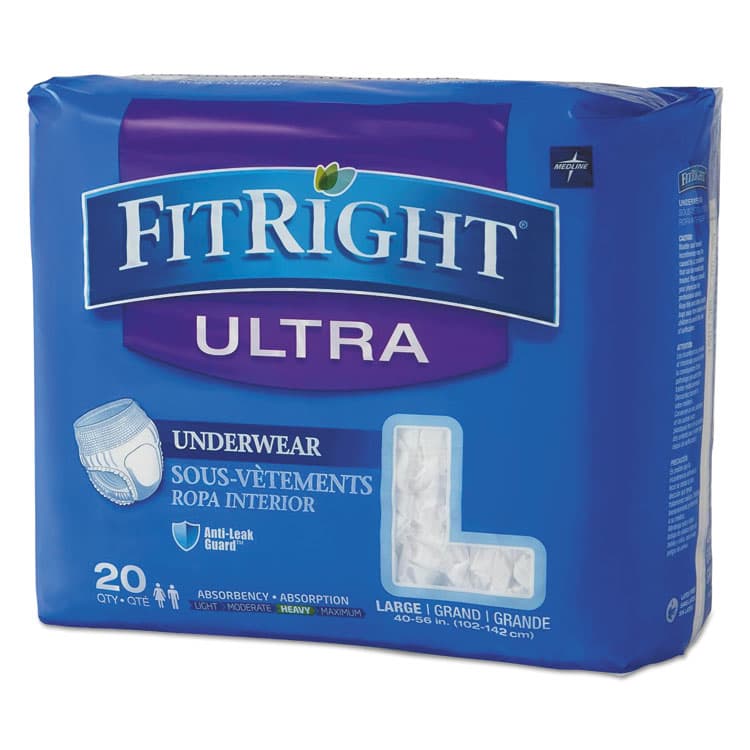 MEDLINE INDUSTRIES, . FitRight Ultra Protective Underwear, Large, 40" to 56" Waist, 20/Pack, 4 Pack/Carton (MIIFIT23505ACT)