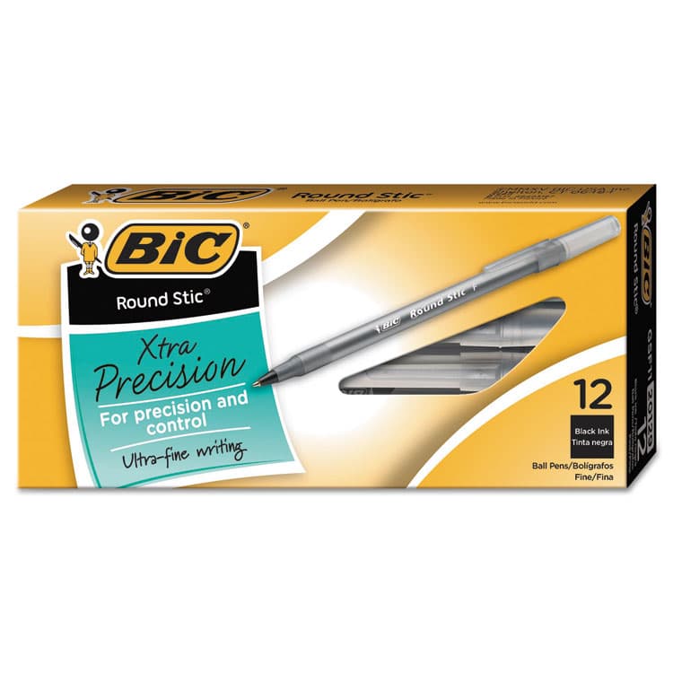 BIC CORP. Round Stic Xtra Precision Ballpoint Pen, Stick, Fine 0.8 mm, Black Ink, Smoke Barrel, Dozen (BICGSF11BK) thumbnail 3