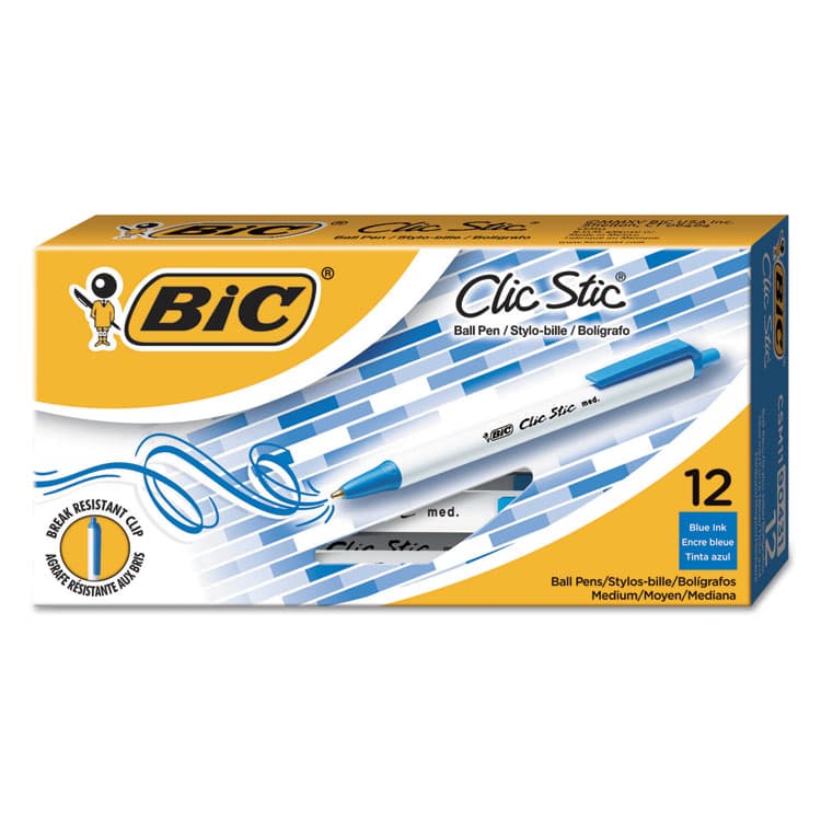 BIC CORP. Clic Stic Ballpoint Pen, Retractable, Medium 1 mm, Blue Ink, White Barrel, Dozen (BICCSM11BE)