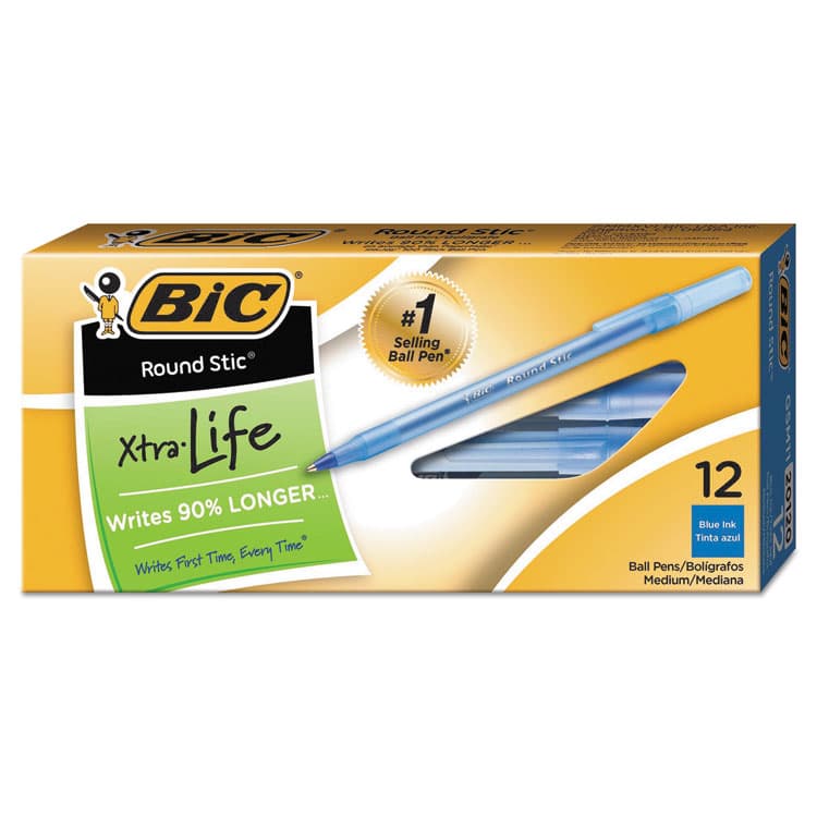 BIC CORP. Round Stic Xtra Life Ballpoint Pen, Stick, Medium 1 mm, Blue Ink, Translucent Blue Barrel, Dozen (BICGSM11BE)