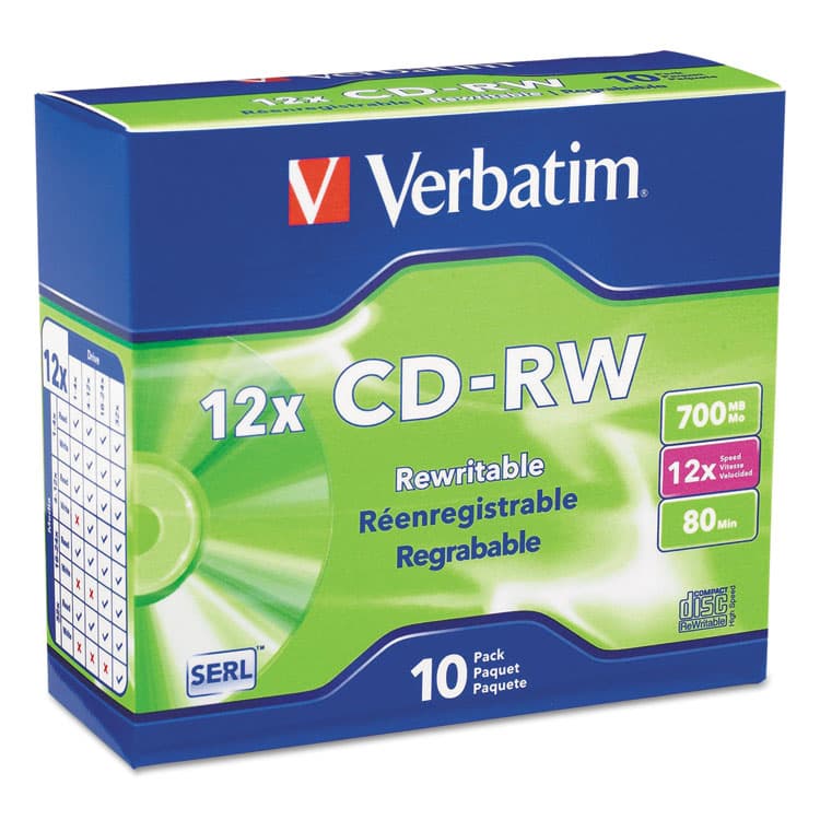 VERBATIM CORPORATION CD-RW High-Speed Rewritable Disc, 700 MB/80 min, 12x, Slim Jewel Case, Silver, 10/Pack (VER95156)