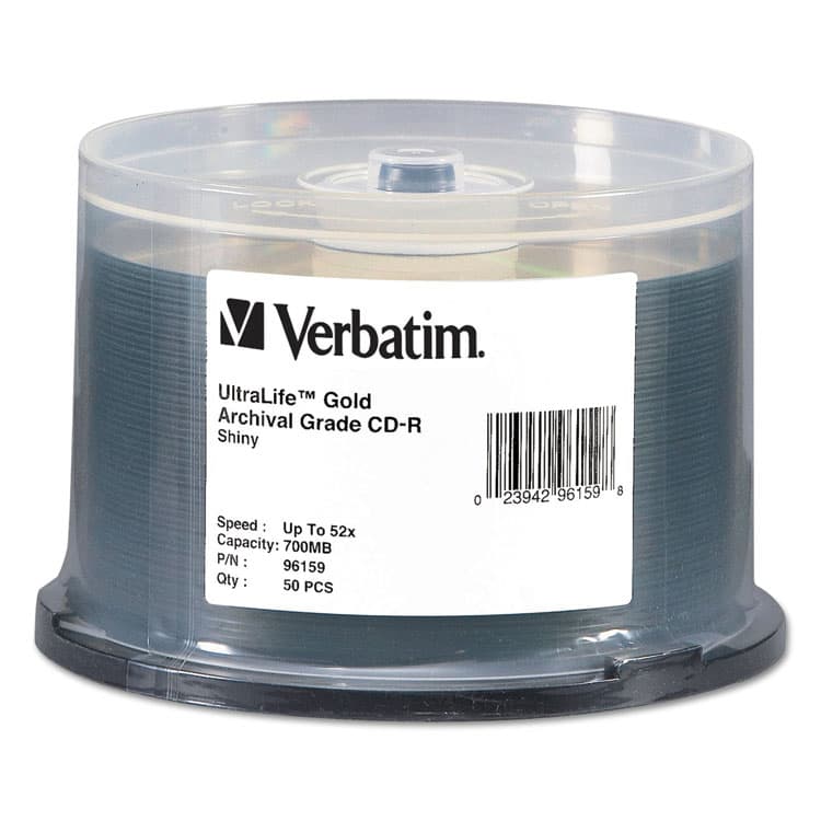 VERBATIM CORPORATION CD-R Archival Grade Recordable Disc, 700 MB/80 min, 52x, Spindle, Gold, 50/Pack (VER96159)