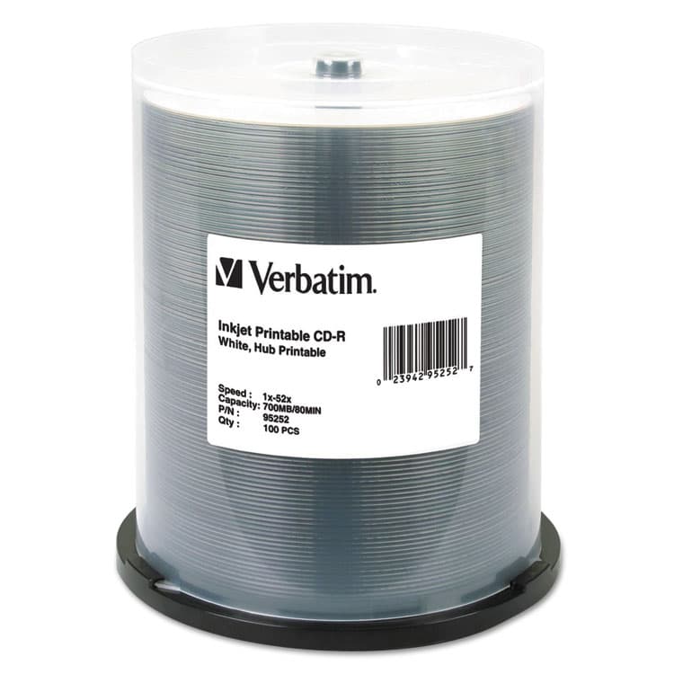 VERBATIM CORPORATION CD-R Printable Recordable Disc, 700 MB, 52x, Spindle, White, 100/Pack (VER95252)