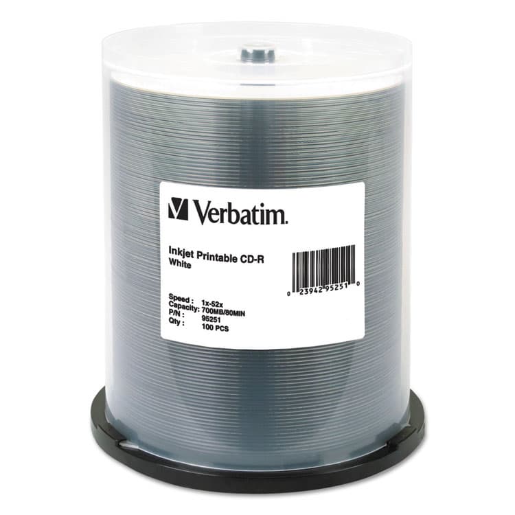 VERBATIM CORPORATION CD-R Printable Recordable Disc, 700 MB/80 Minute, 52x, Spindle, White, 100/Pack (VER95251)