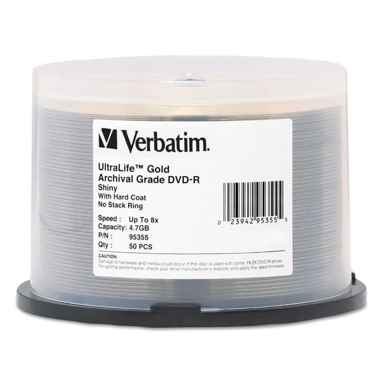 VERBATIM CORPORATION UltraLife Gold Archival Grade DVD-R, 4.7 GB, 16x, Spindle, Gold, 50/Pack (VER95355)