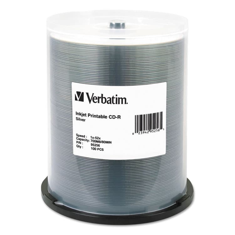 VERBATIM CORPORATION CD-R Printable Recordable Disc, 700 MB/80 min, 52x, Spindle, Silver, 100/Pack (VER95256)