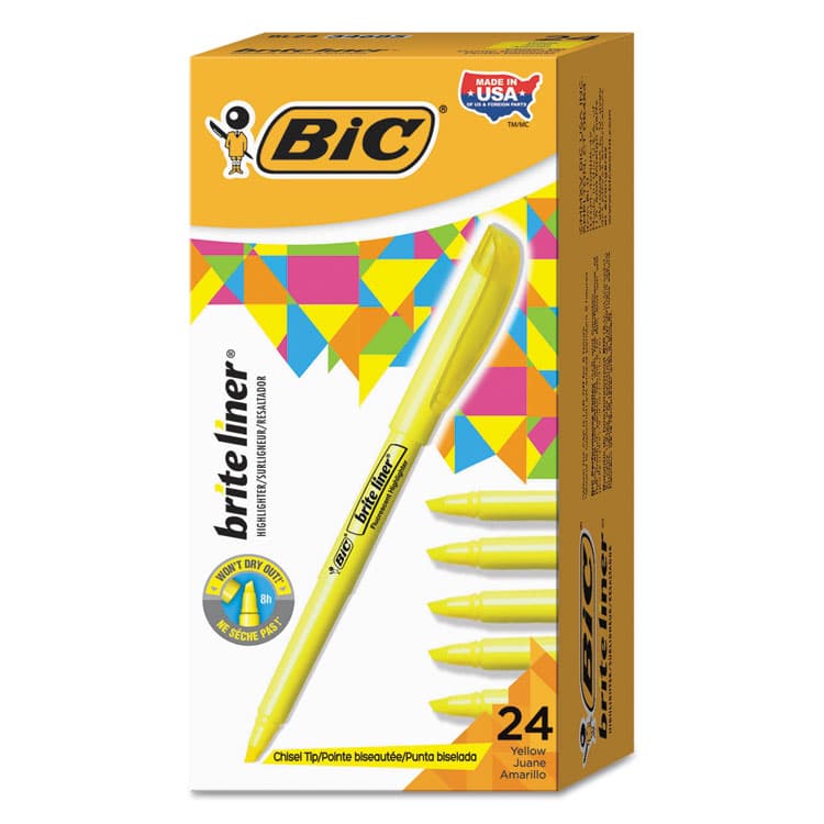 BIC CORP. Brite Liner Highlighter Value Pack, Yellow Ink, Chisel Tip, Yellow/Black Barrel, 24/Pack (BICBL241YW)