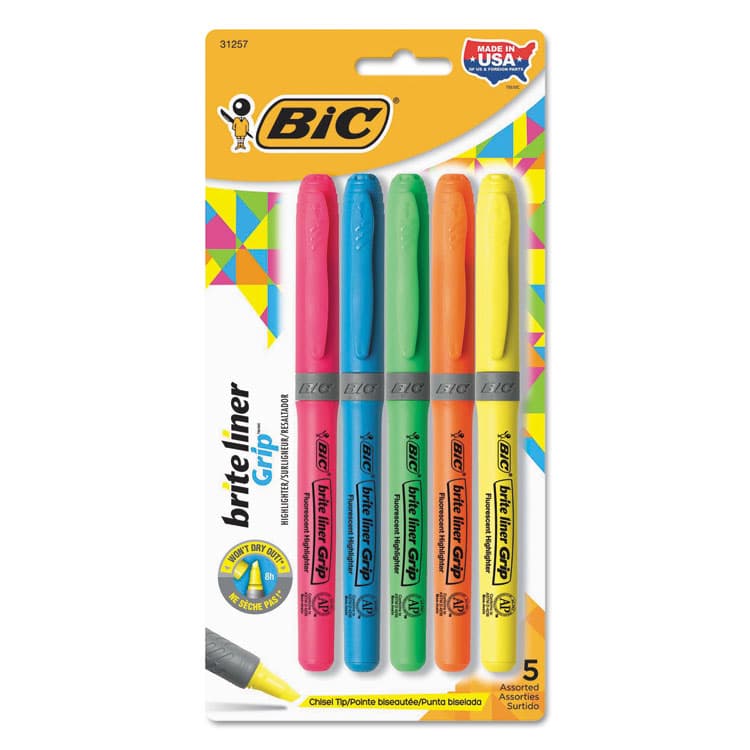 BIC CORP. Brite Liner Grip Pocket Highlighter, Assorted Ink Colors, Chisel Tip, Assorted Barrel Colors, 5/Set (BICGBLP51ASST)