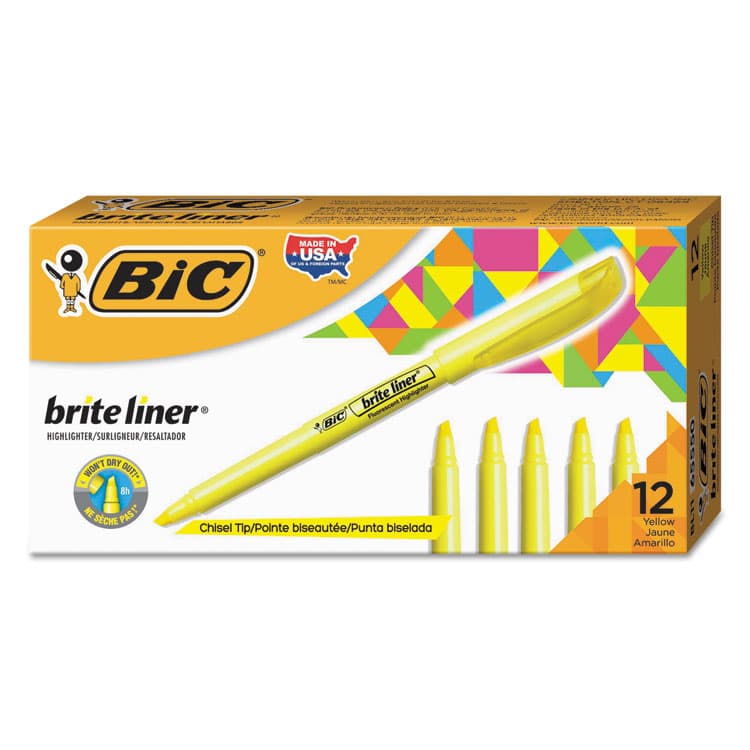 BIC CORP. Brite Liner Highlighter, Fluorescent Yellow Ink, Chisel Tip, Yellow/Black Barrel, Dozen (BICBL11YW)