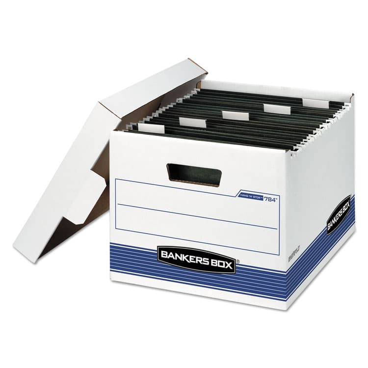 FELLOWES MFG. CO. HANG'N'STOR Medium-Duty Storage Boxes, Letter Files, 12.63" x 15.63" x 10", White/Blue, 4/Carton (FEL00784)