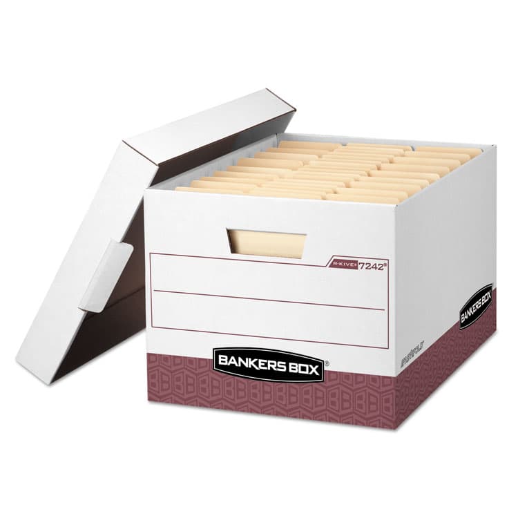 FELLOWES MFG. CO. R-KIVE Heavy-Duty Storage Boxes, Letter/Legal Files, 12.75" x 16.5" x 10.38", White/Red, 12/Carton (FEL07242)