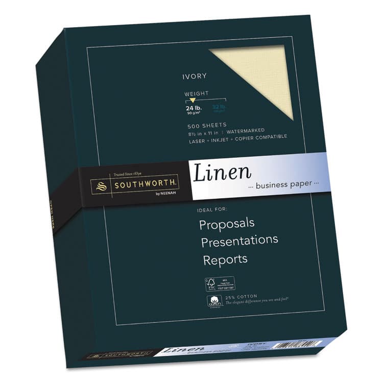 SOUTHWORTH CO. 25% Cotton Linen Business Paper, 24 lb Bond Weight, 8.5 x 11, Ivory, 500/Ream (SOU564C)