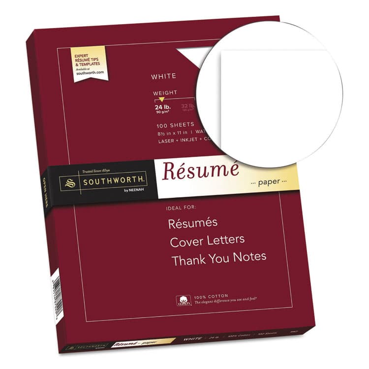 SOUTHWORTH CO. 100% Cotton Resume Paper, 95 Bright, 24 lb Bond Weight, 8.5 x 11, White, 100/Pack (SOUR14CF) thumbnail 2
