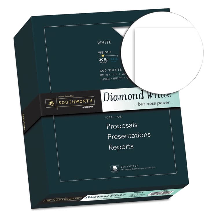 SOUTHWORTH CO. 25% Cotton Diamond White Business Paper, 95 Bright, 20 lb Bond Weight, 8.5 x 11, 500/Ream (SOU3122010) thumbnail 2