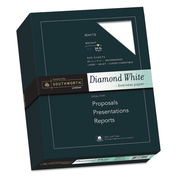 SOUTHWORTH CO. 25% Cotton Diamond White Business Paper, 95 Bright, 24 lb Bond Weight, 8.5 x 11, 500/Ream (SOU3122410)