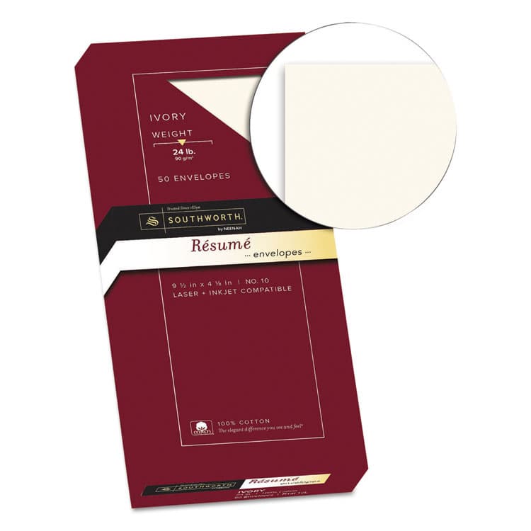 SOUTHWORTH CO. 100% Cotton Resume Envelope, #10, Commercial Flap, Gummed Closure, 4.13 x 9.5, Ivory, 50/Box (SOUR14I10L) thumbnail 2