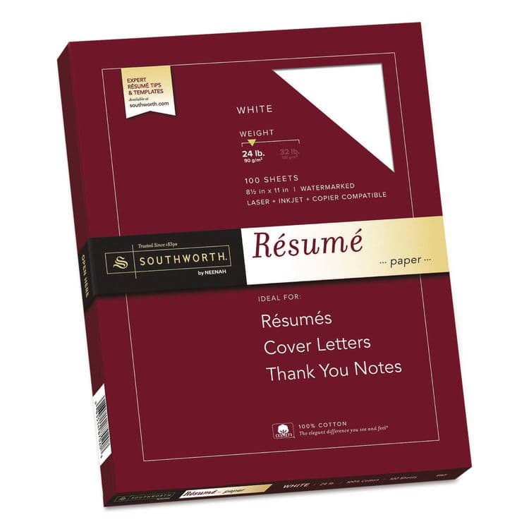 SOUTHWORTH CO. 100% Cotton Resume Paper, 95 Bright, 24 lb Bond Weight, 8.5 x 11, White, 100/Pack (SOUR14CF)